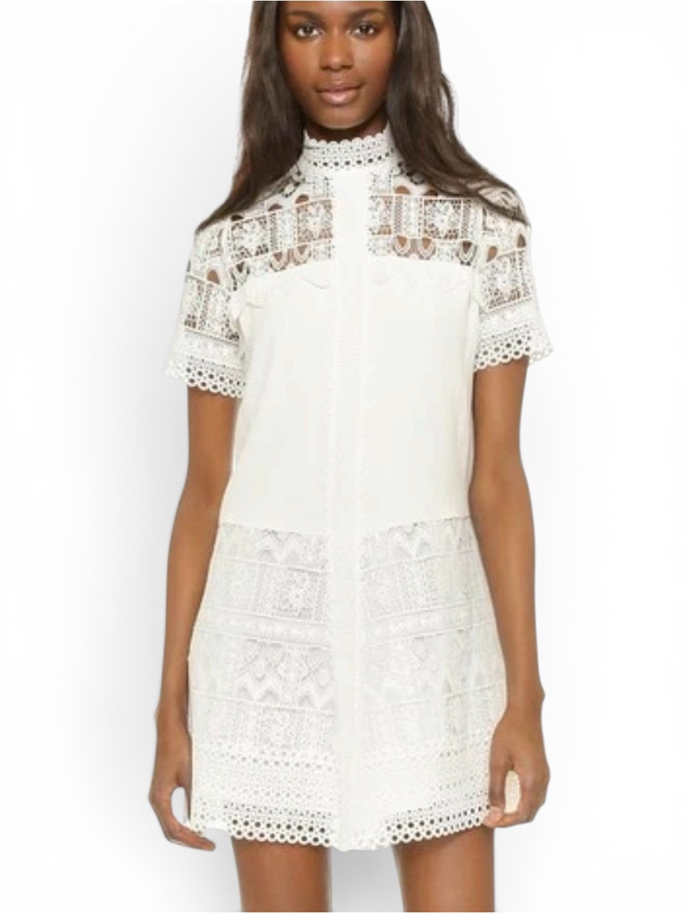 Alexis Katlin White Lace Mock Neck Short Sleeve Mini Dress Size S Bridal